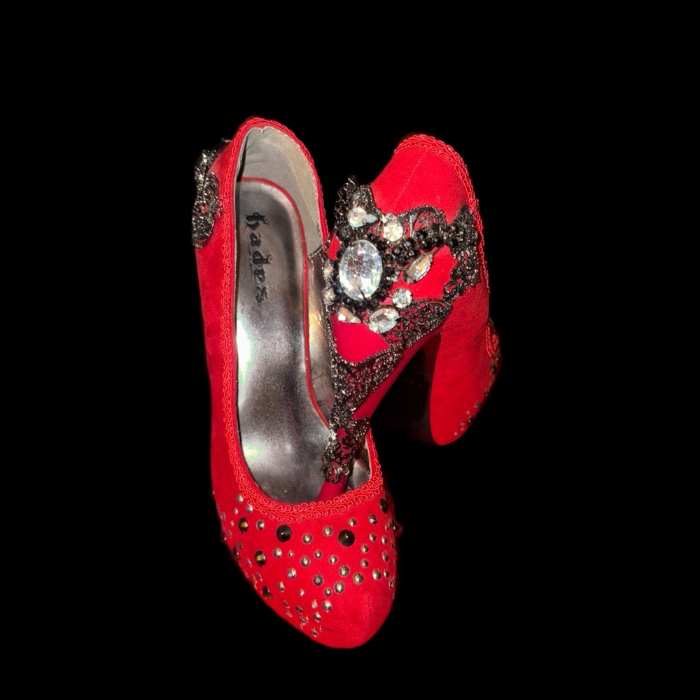 Badgley Mischka Red Suede Heels with Rhinestone Accents